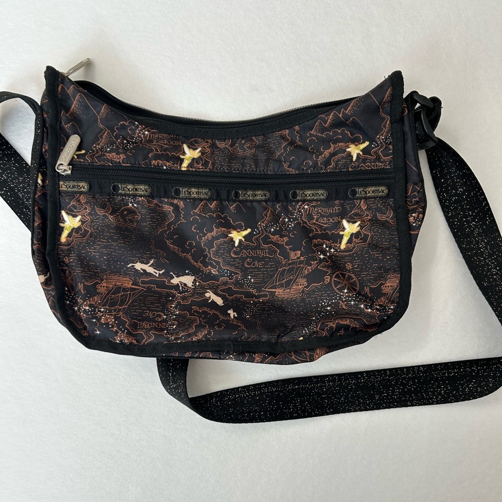 Lesportsac Tinkerbell Black Crossbody with Bronze Map Print